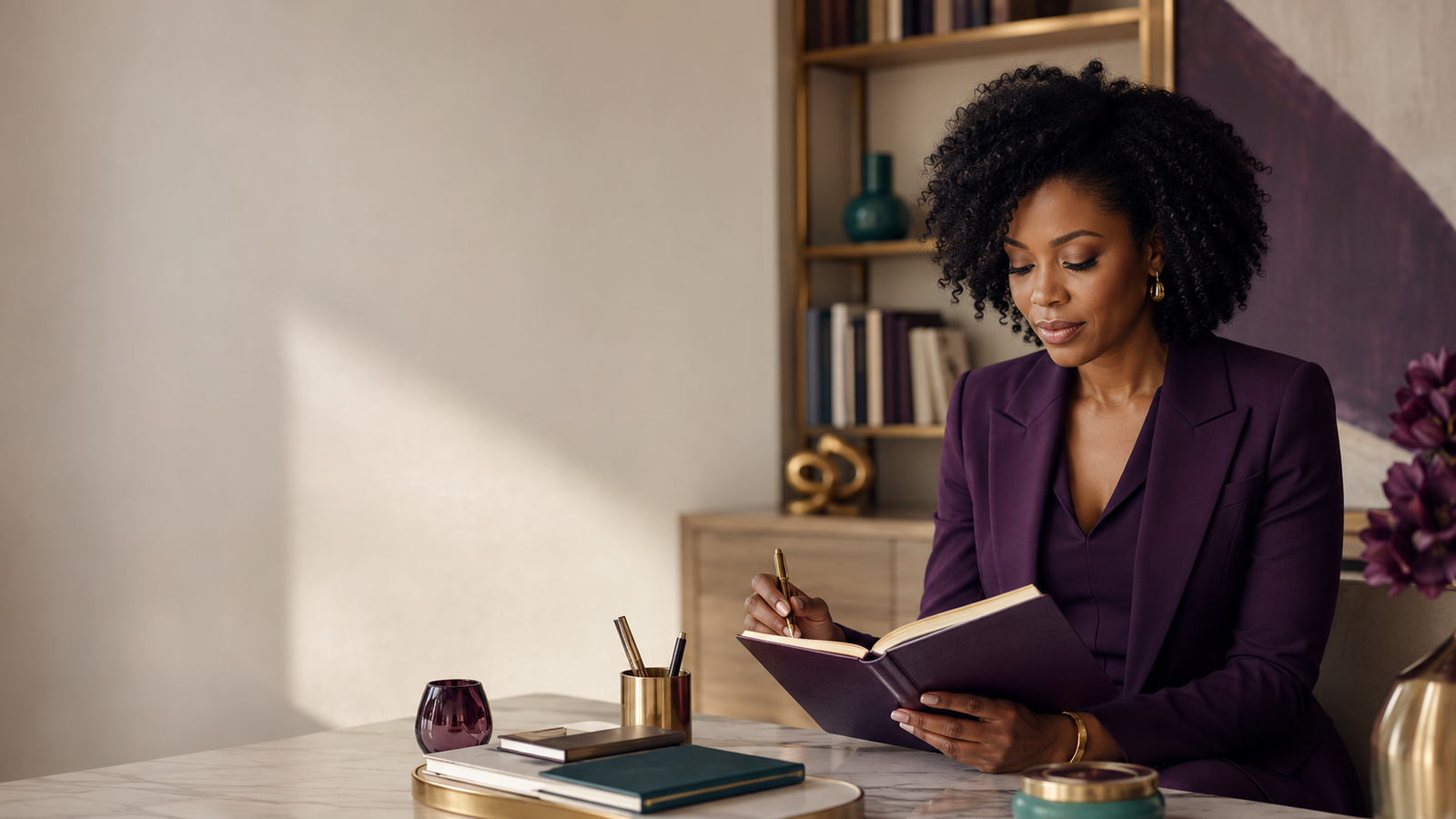Accomplished woman creating a focused plan in an elegant workspace